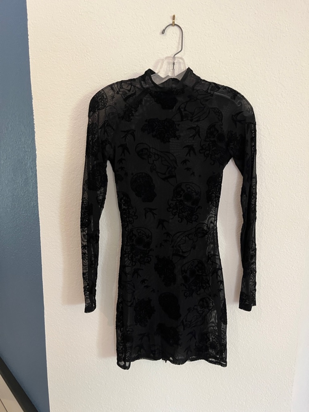 Sheer Black Long-Sleeve Velvet Burnout Mini Dress